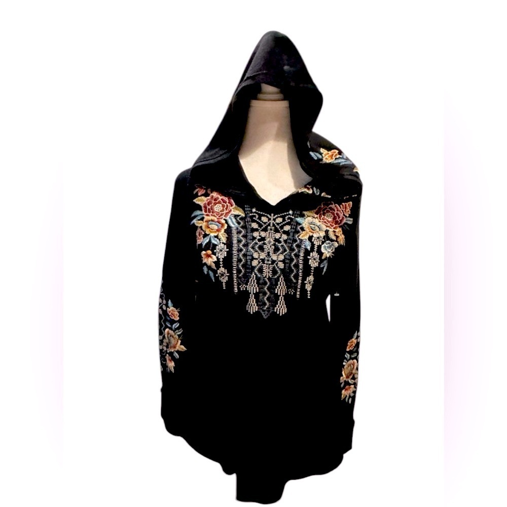 Johnny Was Embroidered Floral Bohemian Reverse Stitch Pullover Hoodie size S